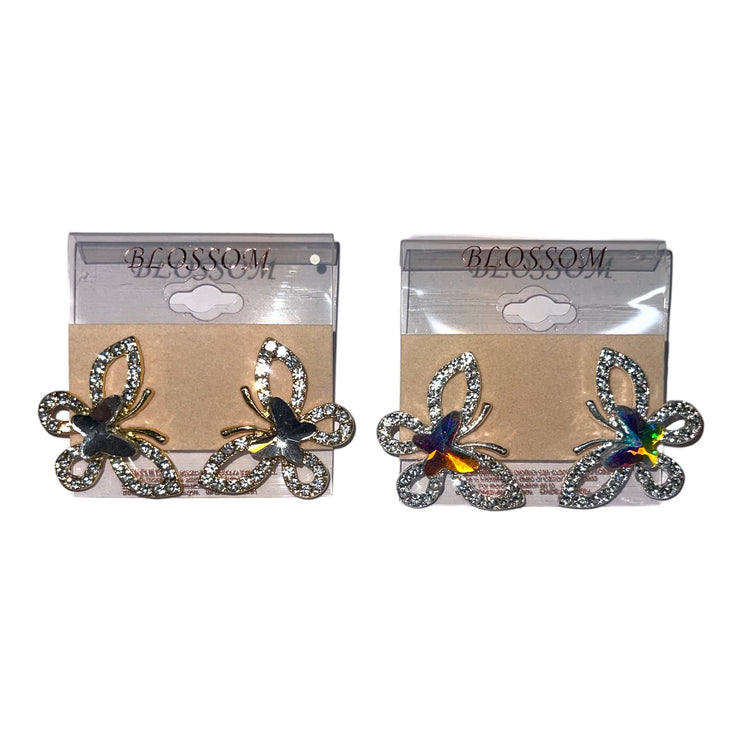 12 pc Butterfly Rhinestone Earrings Silver & Gold
