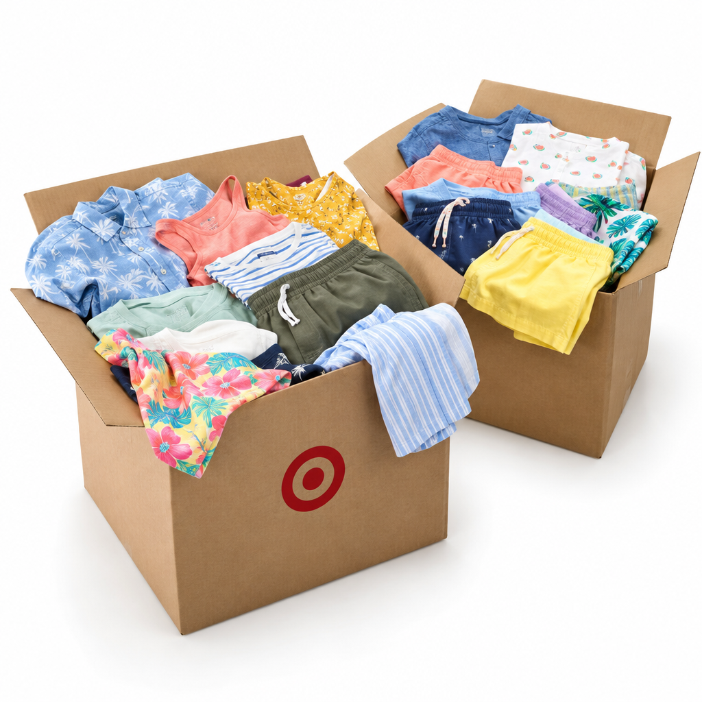 Illustration of an assorted Target summer clothing liquidation lot; actual assortment varies.