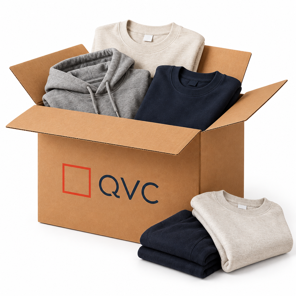 Illustration of an assorted QVC wholesale clothing lot; actual assortment varies.