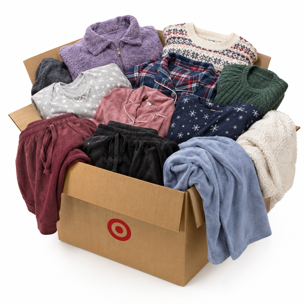 Illustration of an assorted Target plus-size winter clothing liquidation bundle; actual assortment varies.