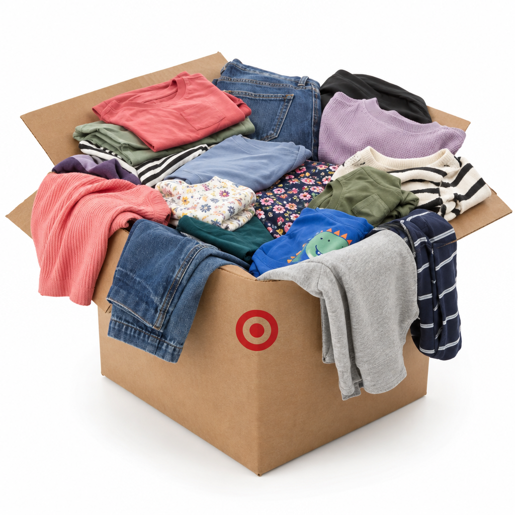 Illustration of a Target family mix apparel lot; actual assortment varies.