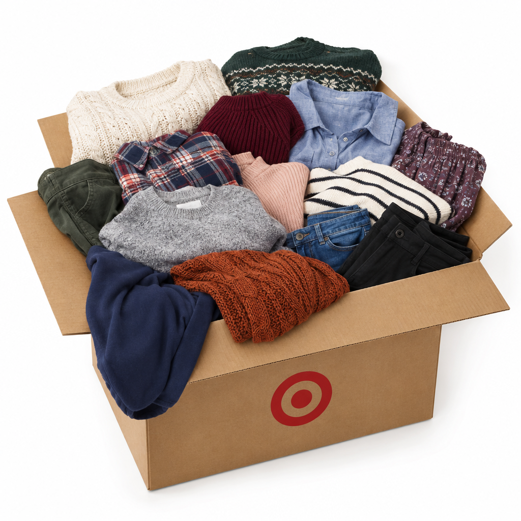 Illustration of an assorted Target winter clothing liquidation bundle; actual assortment varies.