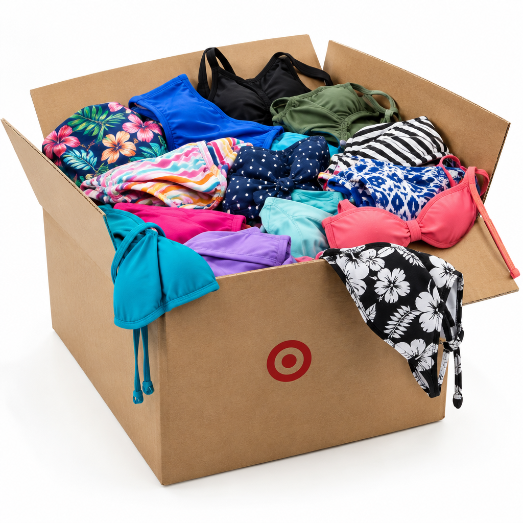 Illustration of an assorted Target swimsuit liquidation lot; actual assortment varies.