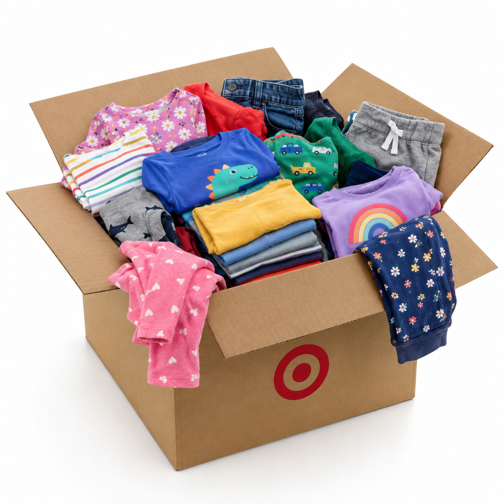 Illustration of an assorted children's clothing liquidation lot; actual assortment varies.